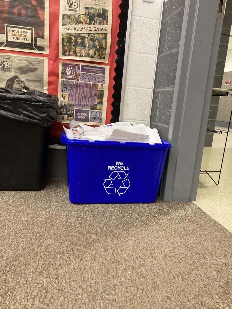 An example of a full recycling bin found in Mr. Heffingers room. This bin has been emptied one other time since the beginning of the school year in August. Photo by Haley Reedy.