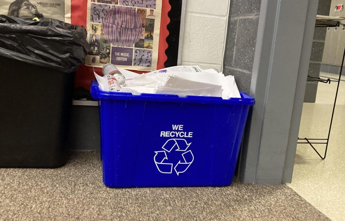 This+is+what+a+recycling+bin+looks+like+located+in+each+classroom.+Students+come+to+each+class+during++academic+lab+and+lunch++to+collect+the+recyclables.+Photo+by+Haley+Reedy.+