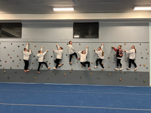 The Wadsworth High School gymnastics team (left to right) Larkin Tackett (10), Ella Mattle (9), Cami Ross (10), Bri Perkins (12), Emily Burkey (9), Cora Robinson (9), Stephanie Novak (11), and Sophia Soto (9), climbing on the rock wall built in the Massillon YMCA. The rock wall was right by the floor making it scary to do our tumbling passes towards the walls. Photo courtesy of Marlene Kanipe.