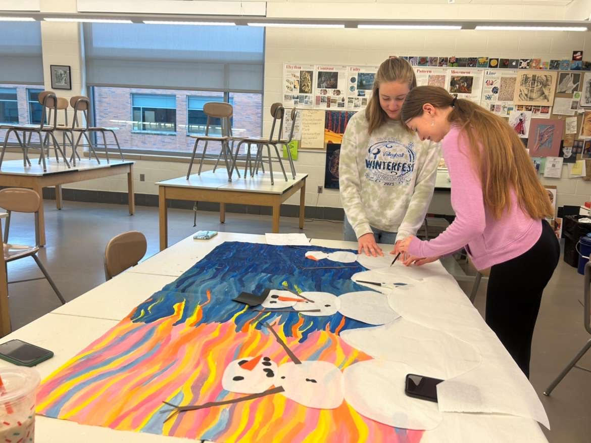 On top of the Anti-Vaping Art Contest, the Art Club also does other projects for the school.  In the winter, the Art Club decorated posters to hang in the Media Center Windows to decorate for the holiday season. Photo by Maia Edwards.
