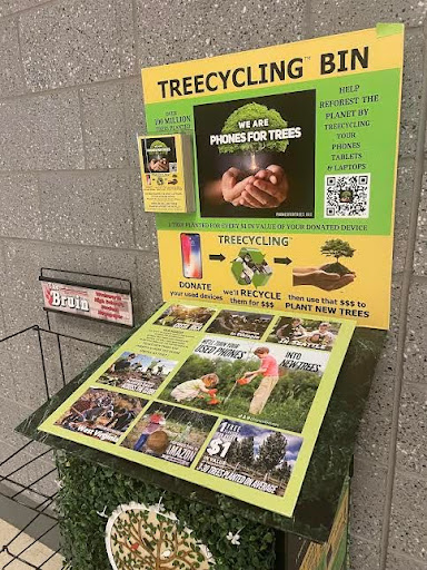 This box is one of the many recycling boxes scattered around the school. On the side of each box, there is a trees planted value chart. Photo by Riley Hunt.