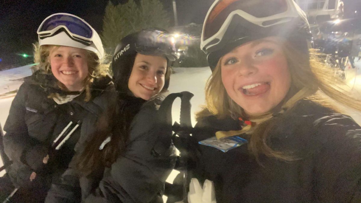(From right to left) Elise Errington, Sienna Lucci, and Camryn Berg(left to right) skiing at Snow Trails in Mansfield, Ohio. They will do this once a week. Photo courtesy of Camryn Berg.