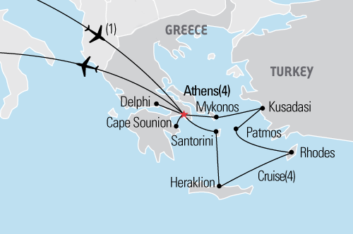 This map shows the locations Grizzlies Abroad travelers will be seeing on the Greece trip in the summer of 2025. Graphic courtesy of Eric Heffinger.