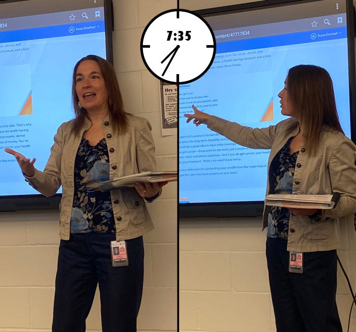 Mrs. Everhart teaches her personal finance class in the first period. The students are learning about insurance and retirement plans for their future. Photo and graphic by Grace Sharp. 