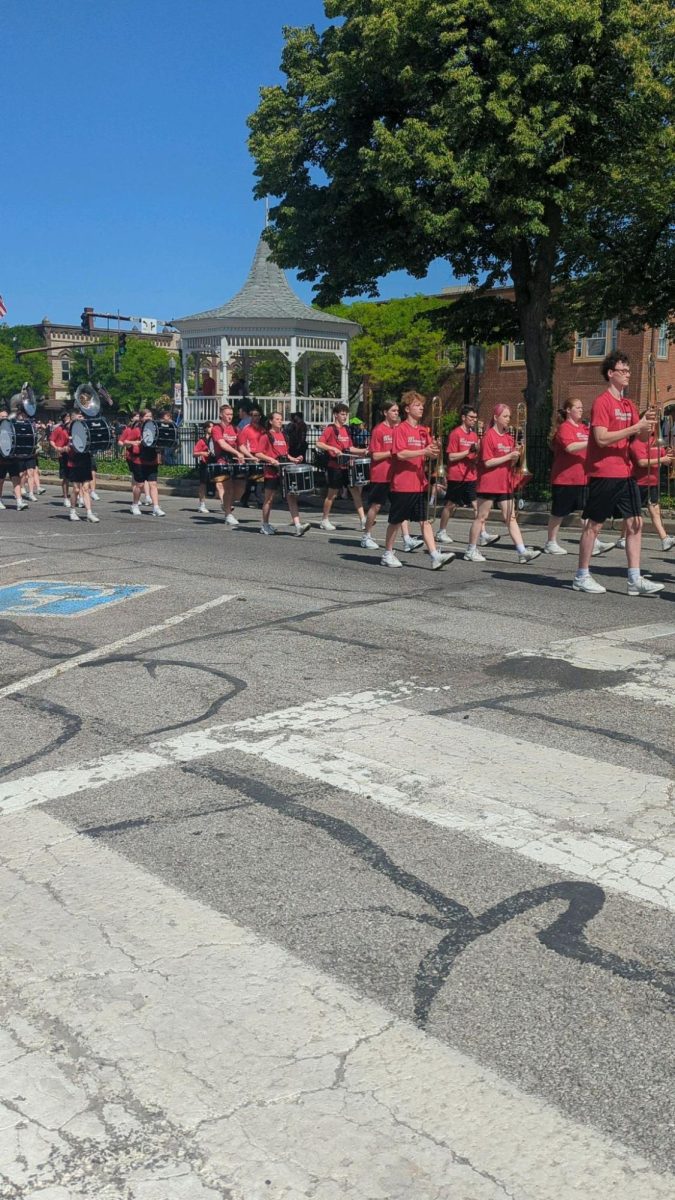 The Wadsworth High School marching band marched on a sunny day. They started marching around the square and will end up at Woodlawn Cemetery. Photo courtesy of Amanda Workman.
