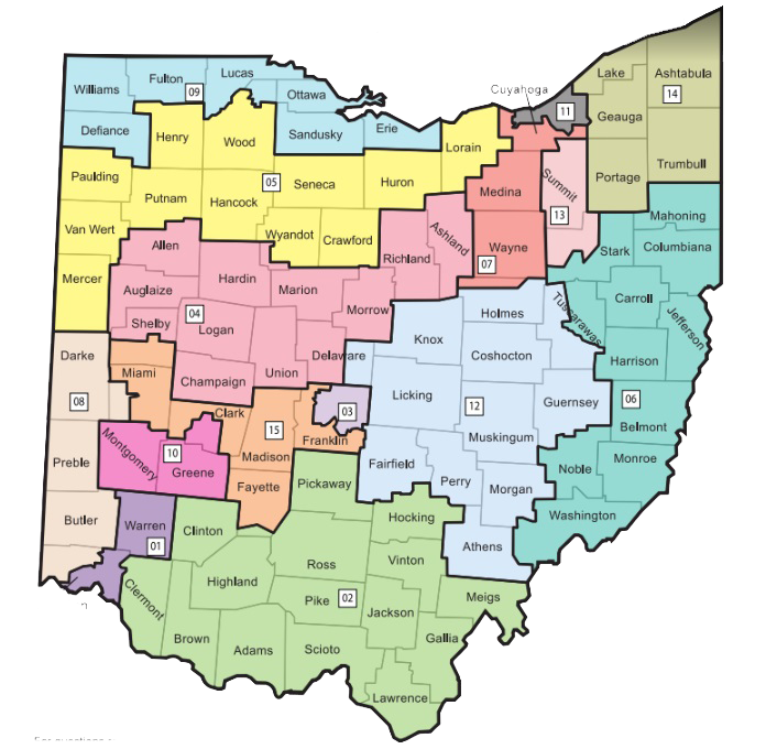 These are the congressional districts in Ohio. Ohio is frequently used as an example of gerrymandering. Photo courtesy of State of Ohio. 