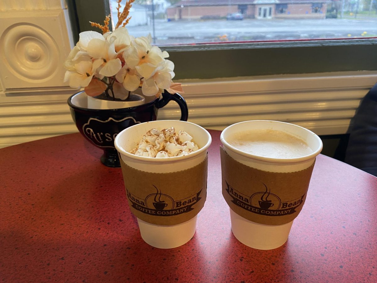 The two drinks we got from Anna Bean are the cookie butter latte, which got a rating of 9/10, and the pumpkin spice hot latte, which is an 8/10. Photo by Grace Sharp. 