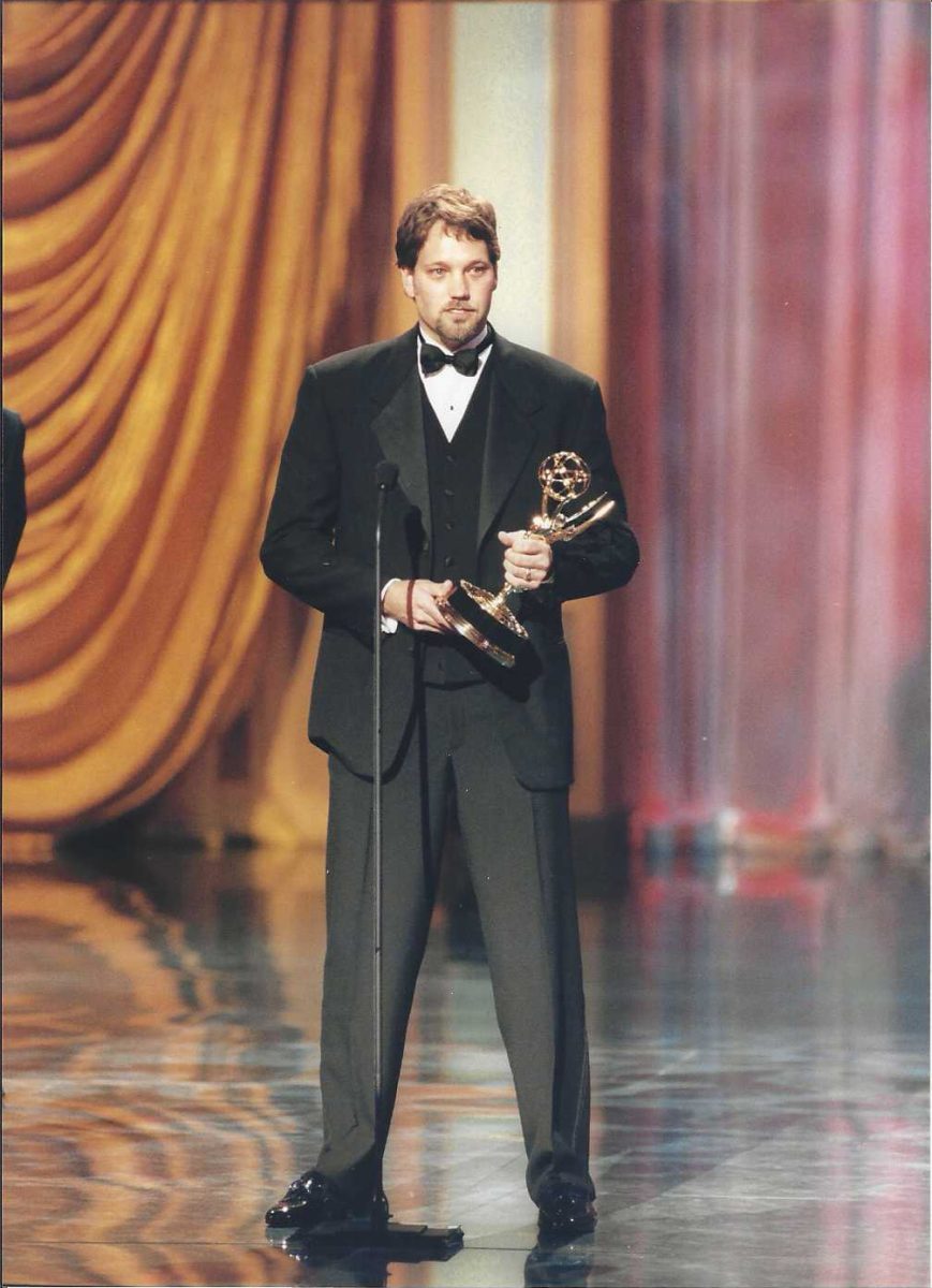 Bill Deronde Poses with his 5 Emmy Awards. This photo was taken after he won his 5th Emmy Award for the Rock and Roll Hall of Fame Induction Ceremony in 2012. Photo Courtesy of Bill Deronde.