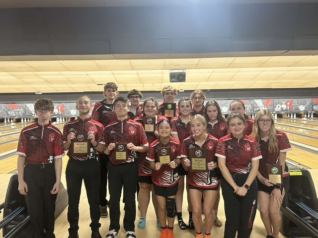 The Wadsworth Bowling team on November 17, showing off their awards after their Medina County Tournament win. The boys earned 4,038 in total, while the girls team earned 3,207. Photo courtesy of Hayden Eagon-Mohlmaster.