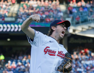 Tate Moore had the opportunity to throw the first pitch at a Guardians game. Moore graduated from Wadsworth High School in 2011. Photo courtesy of Tate Moore. 