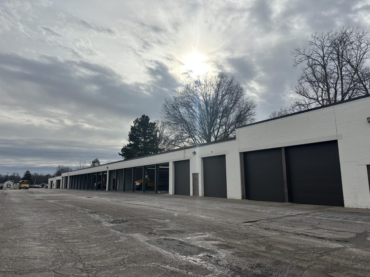 This is a photo of the Wadsworth City Schools bus garage. All the buses in the district park and refuel here during the day and at the end of the night. Photo by Sammi Horvat. 