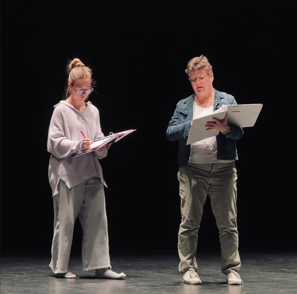 Csaky works with the lead of Legally Blonde during rehearsal. Sarah Ferguson, a junior at WHS, played Elle Woods. Photo courtesy of the WHS Drama Department.