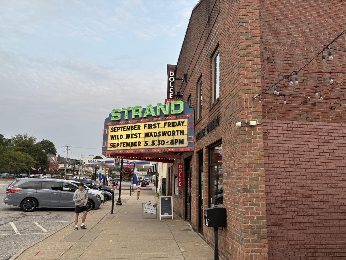 Dolce At The Strand in downtown Wadsworth’s marquee displaying information for First Friday. People can request custom statements to be displayed on the marquee publicly and it is used frequently to share information within the community. 