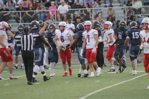 Calix Lemp, wearing the number 7 jersey, and teammate Jacob Earnest, wearing 6, take the field against Twinsburg. Lemp had 94 yards and two touchdowns.
