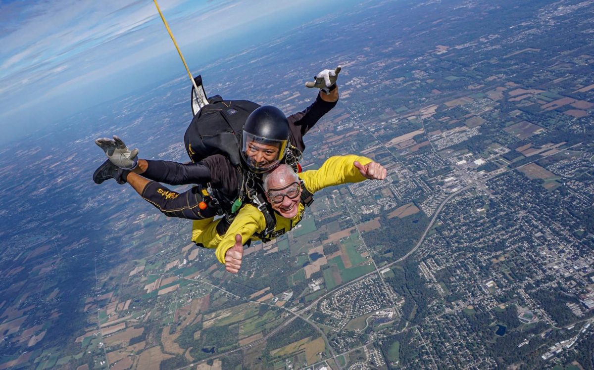 Pictured here is Stugmyer skydiving with the United States Army, Golden Knights. Stugmyer was able to do skydiving adventure all from going out their after they asked to take pictures. “It’s so incredibly peaceful,” Stugmyer said. “Looking down on the world below me and being able to broadcast everything I was seeing and feeling.” 