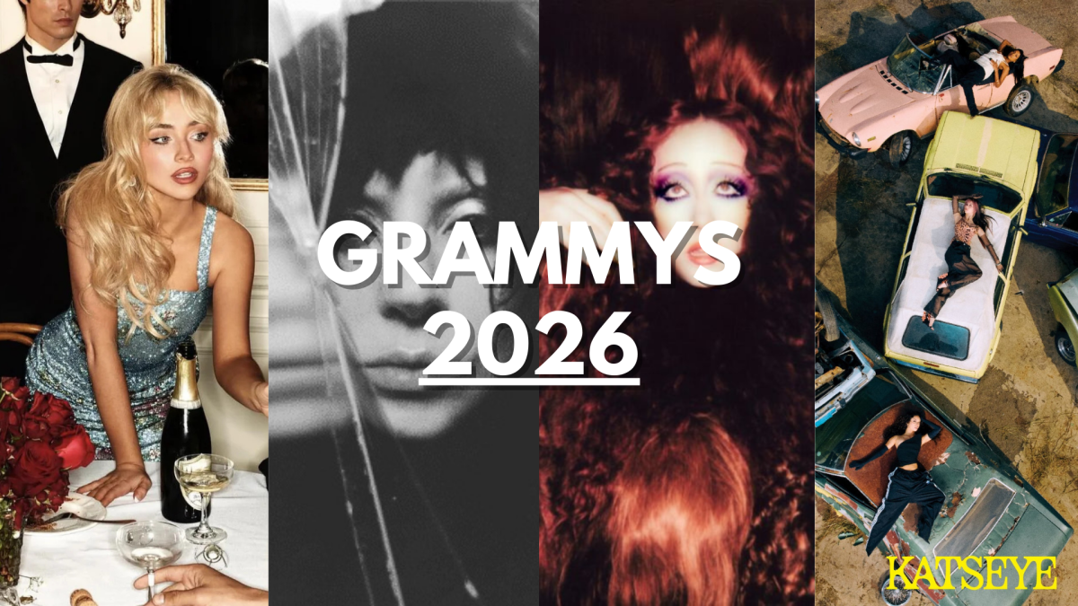 This graphic shows album covers for Grammy nominees Sabrina Carpenter, Lady Gaga, Chappell Roan, and Katseye. Each artist is nominated for at least one category, with Lady Gaga having the most nominations at 7.