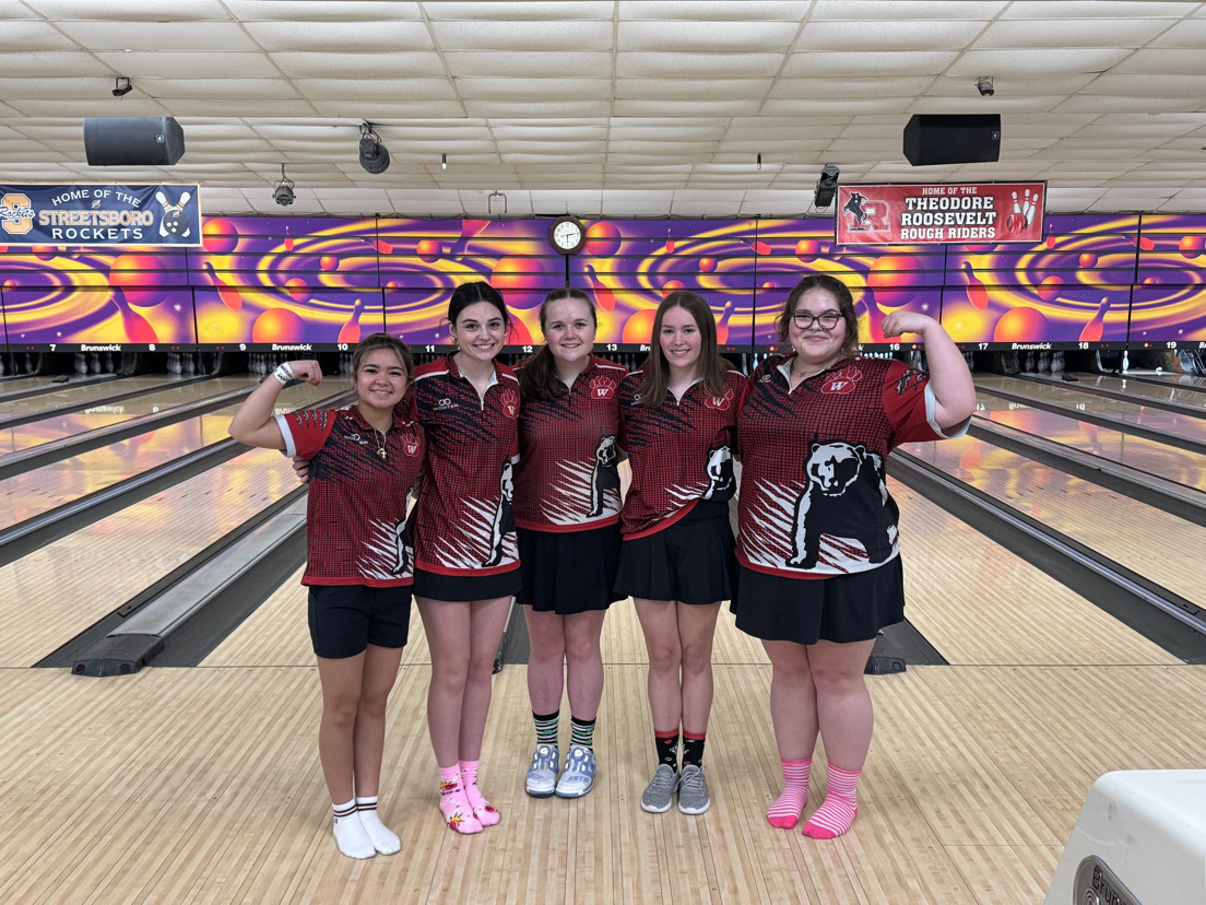 The Varsity Girls’ Bowling team posing for a photo at Kolony Bowl in Wadsworth, Ohio. They are the Suburban League Champions of 2025 and 2026.
