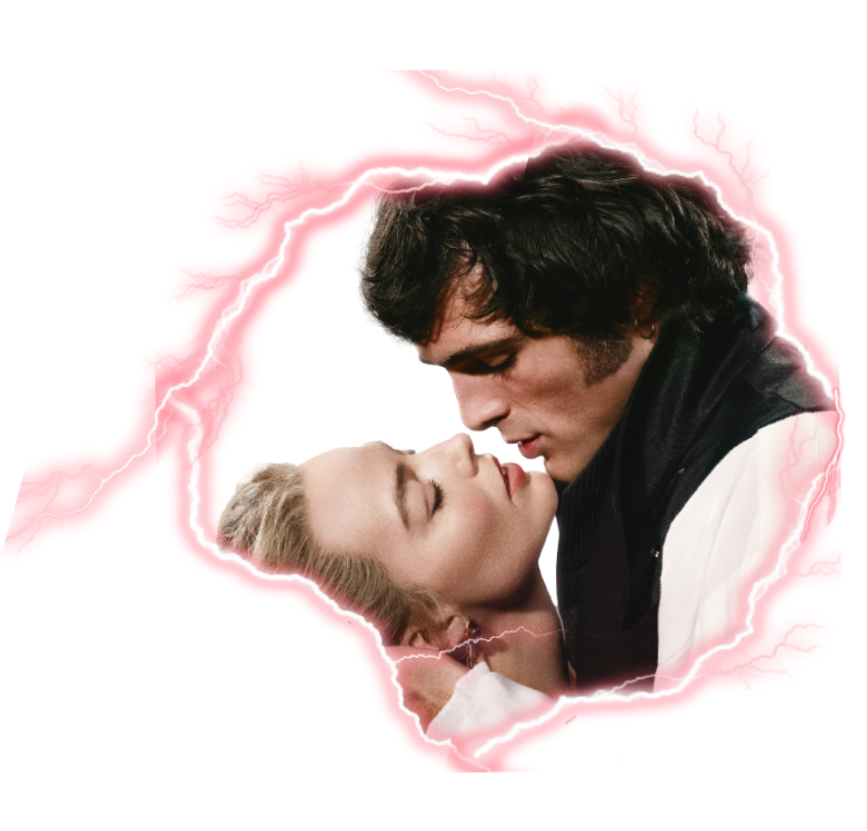 Catherine and Healthcliff on the "Wuthering Heights" movie poster. The lightning bolts represent the dark and stormy themes of the film.