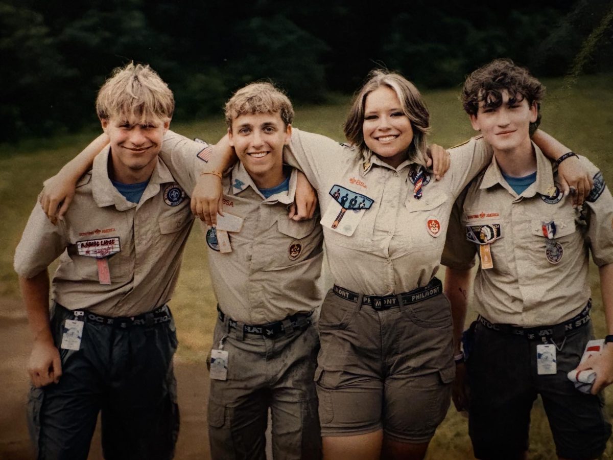 A photo of Jack Blubaugh(far left), John Casebere(middle left), Izzy Serna(middle right) and Evan Kerr (far right). This was one of the Camp Staff photos that were taken during 2025 summer camp. Photo courtesy of Manatoc Scout Reservation.